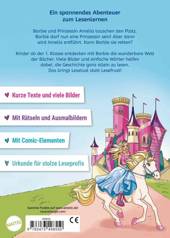 Ravensburger Buch Barbie Princess Adventure Prinzessin für einen Tag zum Lesenlernen 49855