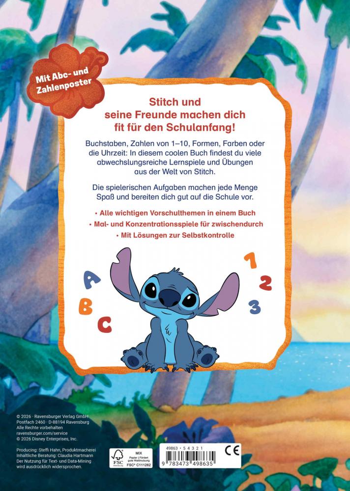 Ravensburger Buch Disney Stitch Mein Vorschulbuch Buchstaben, Zahlen, Konzentration 49863
